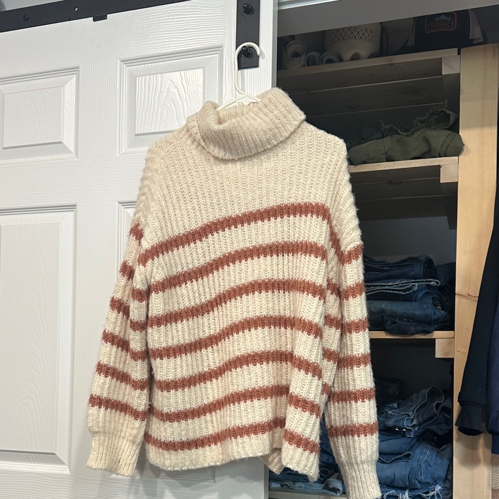 Sadie & Sage Cream Turtleneck Sweater with Rust Stripes